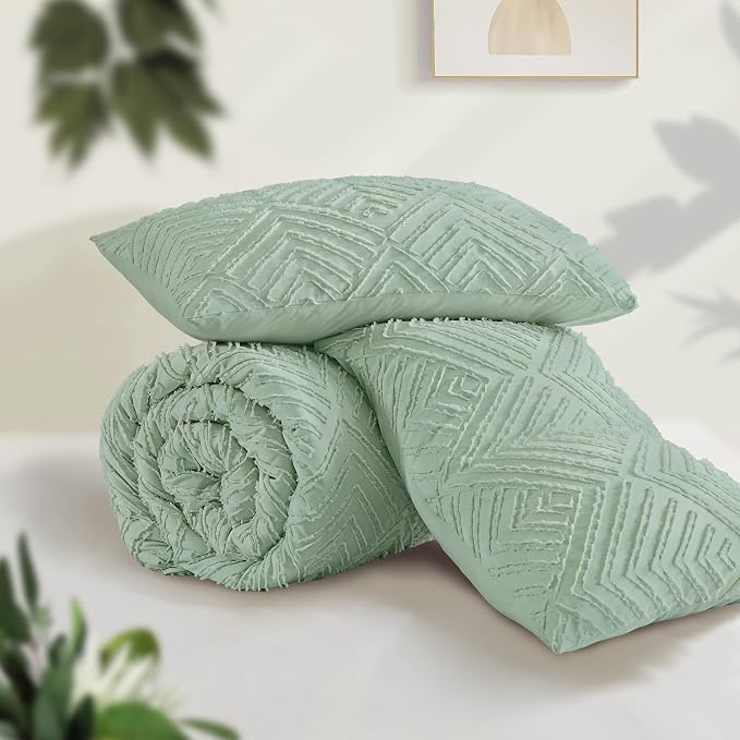 Andency Sage Green Boho Queen Comforter Set, Lightweight and Fluffy Bedding Set - Image 3