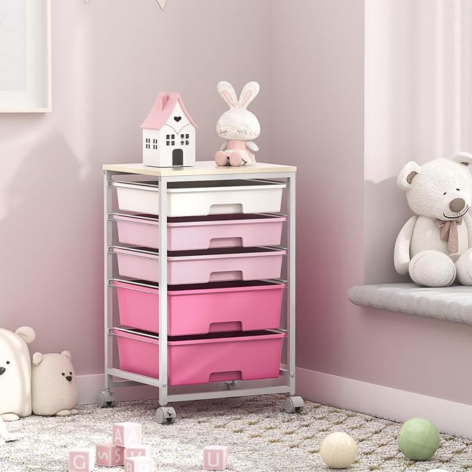 SYKIARIOL Utility Cart with 5 Drawers, Storage Drawer Cart with Wooden Tabletop - Image 9