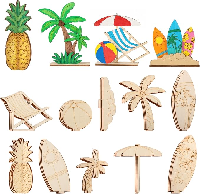 DIY 3D Summer Wood Crafts to Paint, 4 Styles DIY Blank Unfinished Wooden Slices by BENIMUS