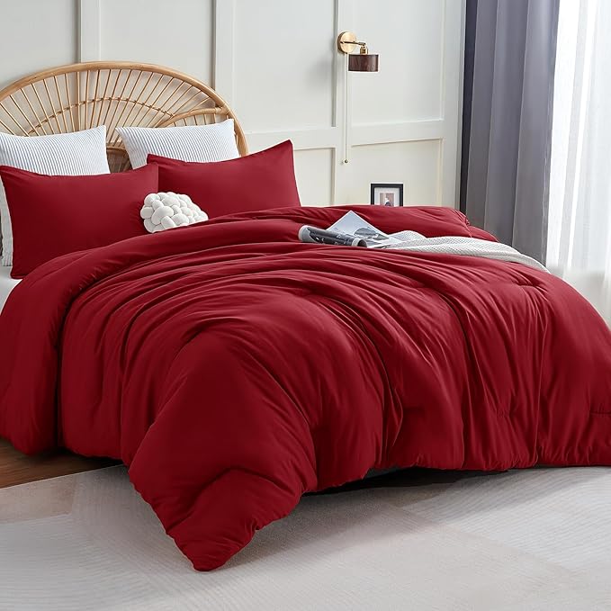 CozyLux Oversized King Comforter Set Dark Red, 3 Pieces 120x98 Solid Breathable by CozyLux