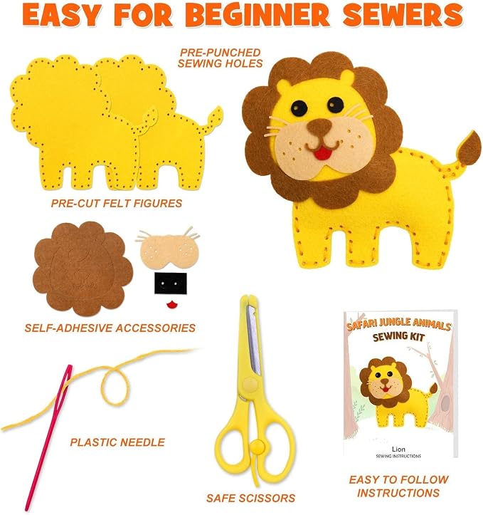 CiyvoLyeen Kids Sewing Kit Crafts – DIY Safari Jungle Animals Felt Plush - Image 4