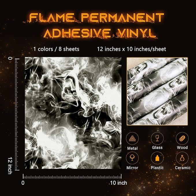 Tintnut Flame Pattern Permanent Vinyl 8 Sheets 12x10in White Adhesive Vinyl | - Image 2