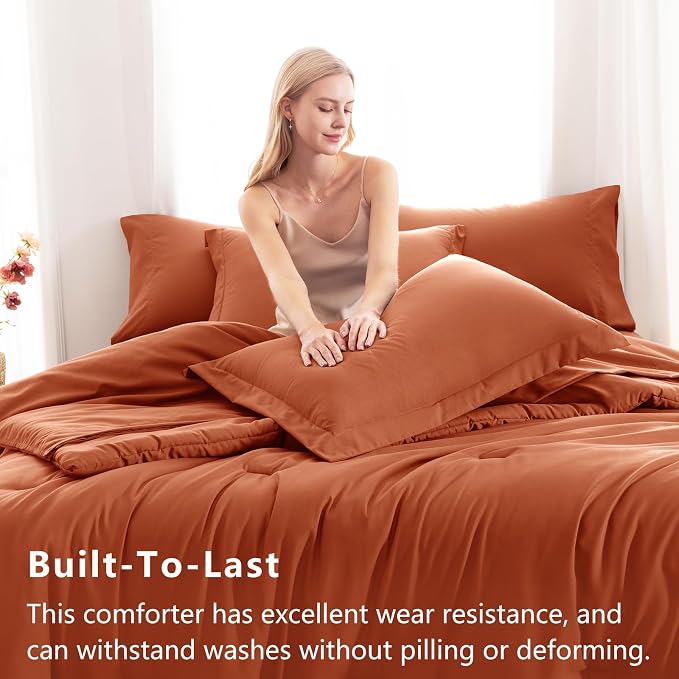 CozyLux Full Comforter Set Burnt Orange, 7 Pieces Bed in a Bag Terracotta - Image 3