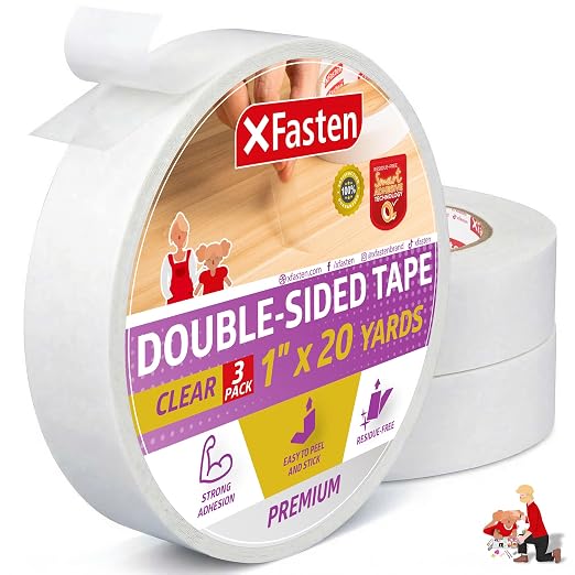 XFasten Double Sided Tape Clear, 1-Inch by 20-Yards, Holding Carpets, and by XFasten