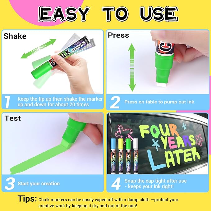 Window Chalk Markers for Cars Glass Washable: 8 Colors Jumbo Liquid Chalk Paint - Image 5