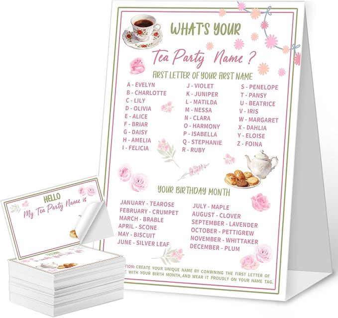What's Your Tea Party Name Game Cards, Birthday Party Game Supplies, 1 Tea by QZCYU