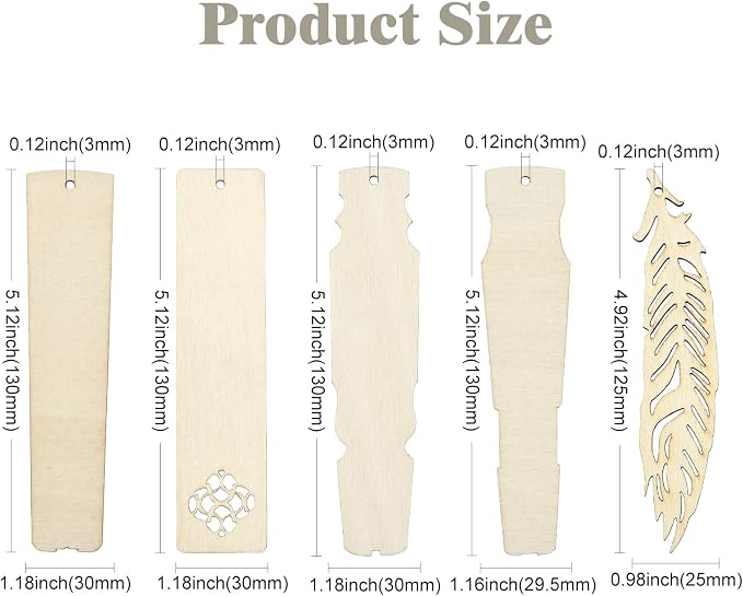 50 pcs 5 Styles Blank Theme Unfinished Wood Cutout Bookmarks Feather Flower - Image 2