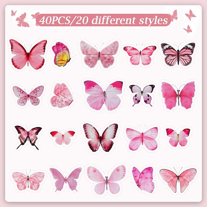 Imeepa 40Pcs Pink Butterfly Stickers Transparent Scrapbooking Stickers | PET - Image 3