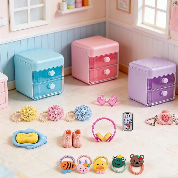 118Pcs Dollhouse Mini Jewelry Storage Case Cosmetic Hand Bag Towel Bathroom Set - Image 3