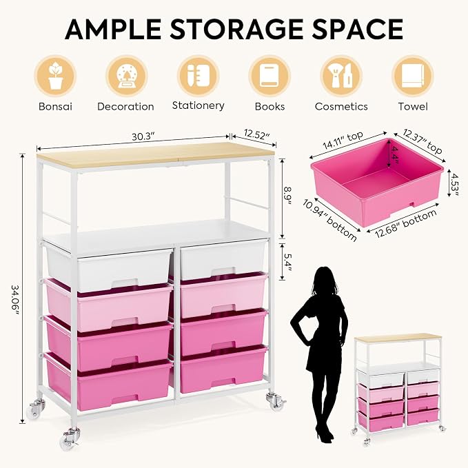 Rolling Cart with 8 Drawers, Storage Drawer Cart with Wooden Tabletop, Lockable - Image 3