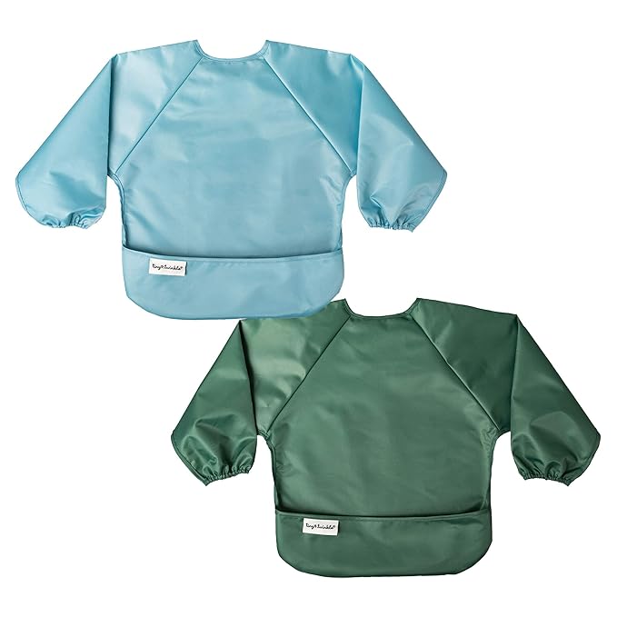 Tiny Twinkle Long Sleeve Bib for Babies & Toddlers – 2 Pack Waterproof Smock Bibs for Eating – Machine Washable & Mess-Proof, Baby Feeding Essential & Shower Must-Have (Slate Olive,2-4Y)