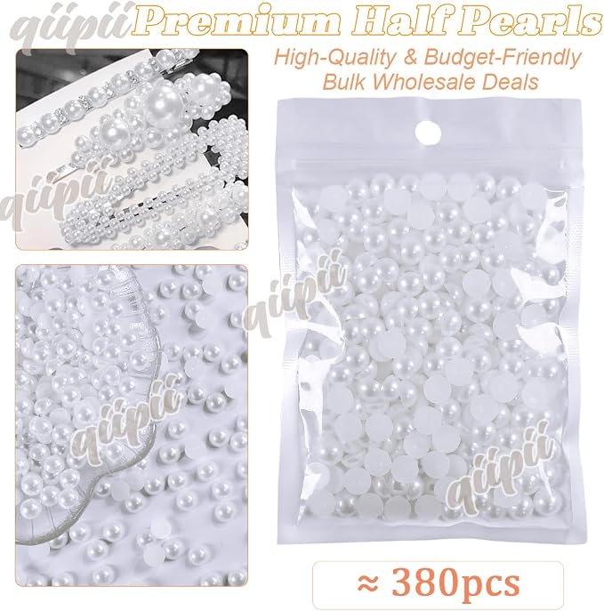 qiipii 380PCS 8mm Pure White Round Half Round Pearls - Image 2