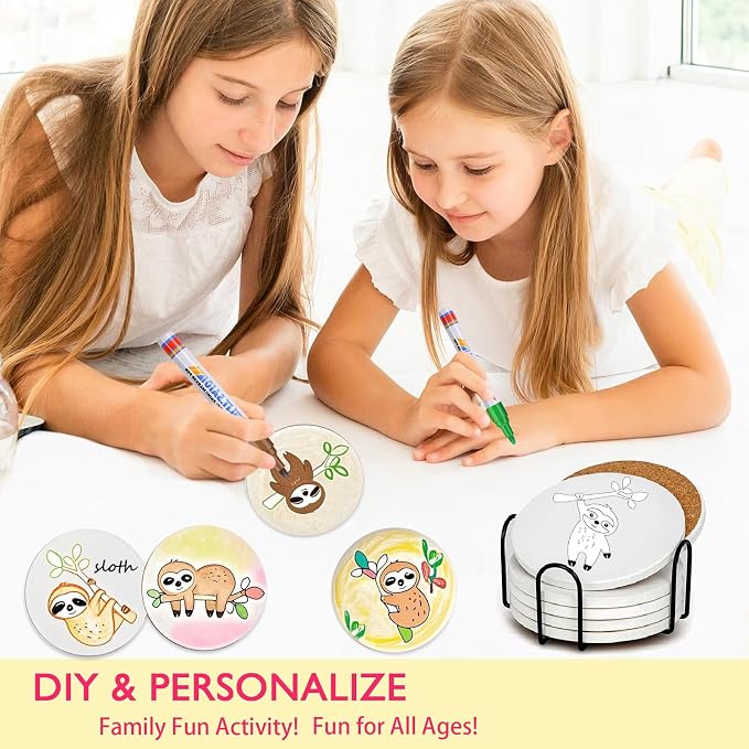 6 Absorbent Ceramic Tiles with Cork Base, Paint Your Own Sloth Coaster | Arts - Image 2