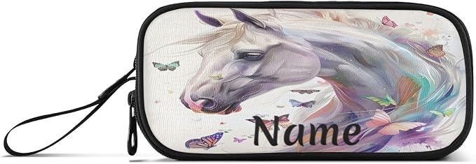 Custom White Horse Butterflies Pencil Case Box Boys Girls Personalized Name - Image 8