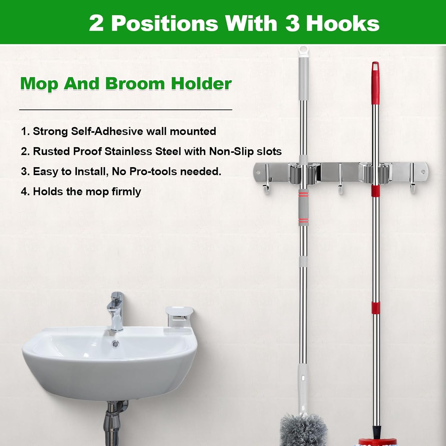 voze 2 Racks and 3 Hooks Mop and Broom Holder Wall Mount, Self Adhesive Heavy Duty Broom Organizer Storage Tool Racks for Kitchen Garden Laundry Garage