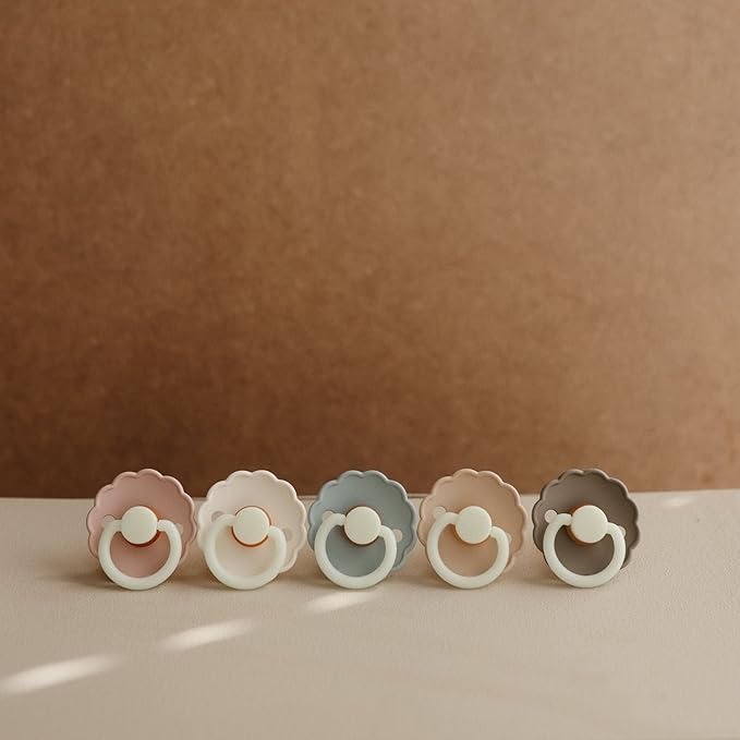 FRIGG Daisy Night Natural Rubber Baby Pacifier | Made in Denmark | BPA-Free (French Gray/Croissant, 0-6 Months) 2-Pack