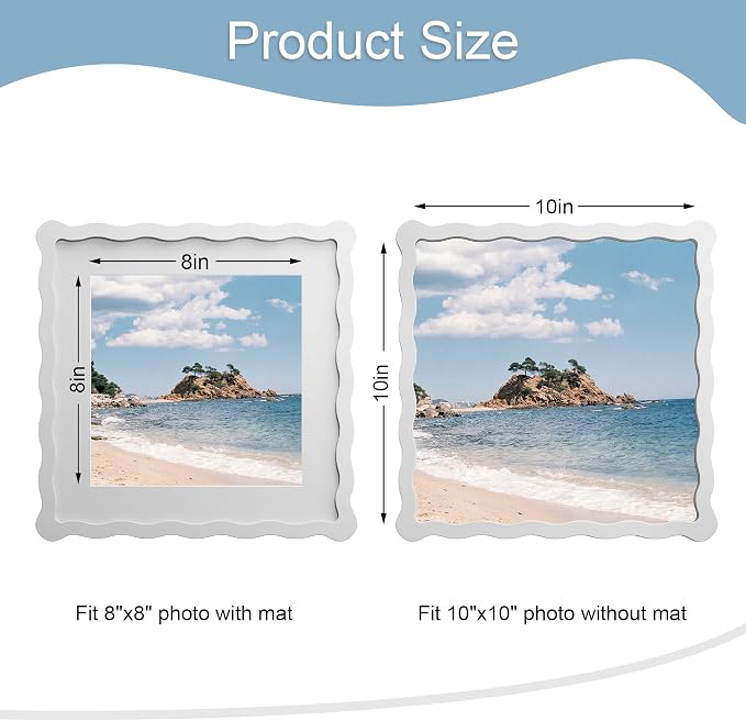 10x10 Picture Frame with Mat for 8x8, Wavy Edge Wooden Real Glass Photo Frame - Image 3