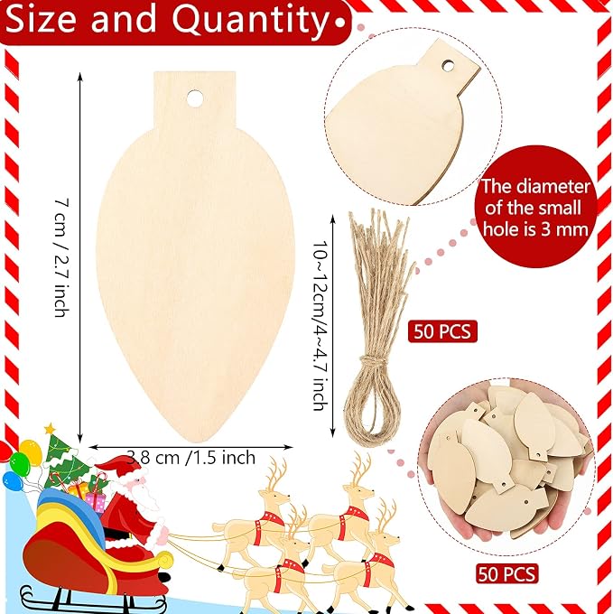 Queekay 50 Pcs Christmas Unfinished Wooden Light Bulb Wooden Slices Blank - Image 2