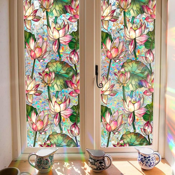 JOONOR Retro Lotus Flowers Window Privacy Film, Stained Glass Decals Colorful - Image 2