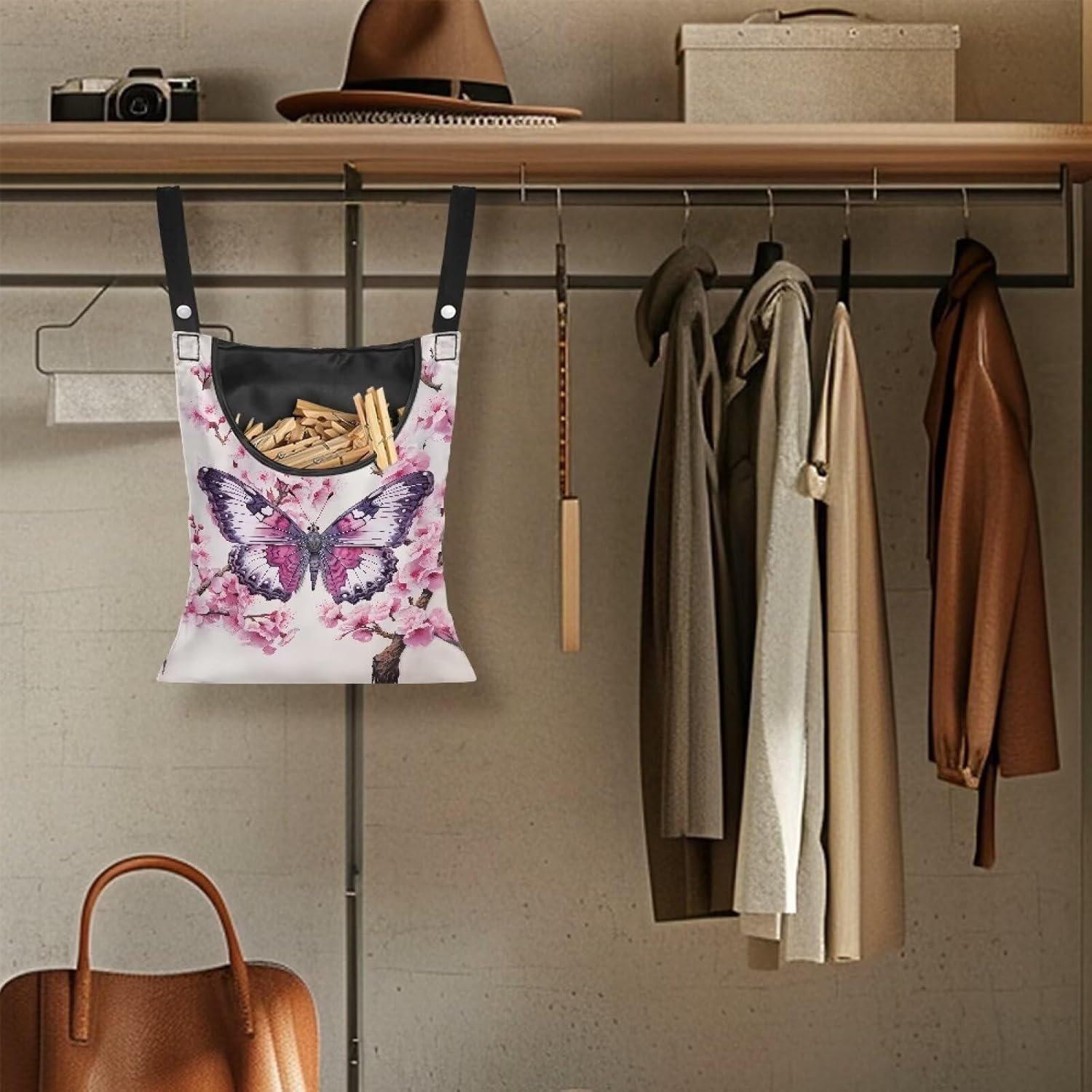 2 Pcs Clothes Pin Hanging Bag, Butterfly Clothes Pins Bag Holder Outdoor 4.Stylish Clothespin Bag with Hanging Rope for Clothes Pin and Clothespin