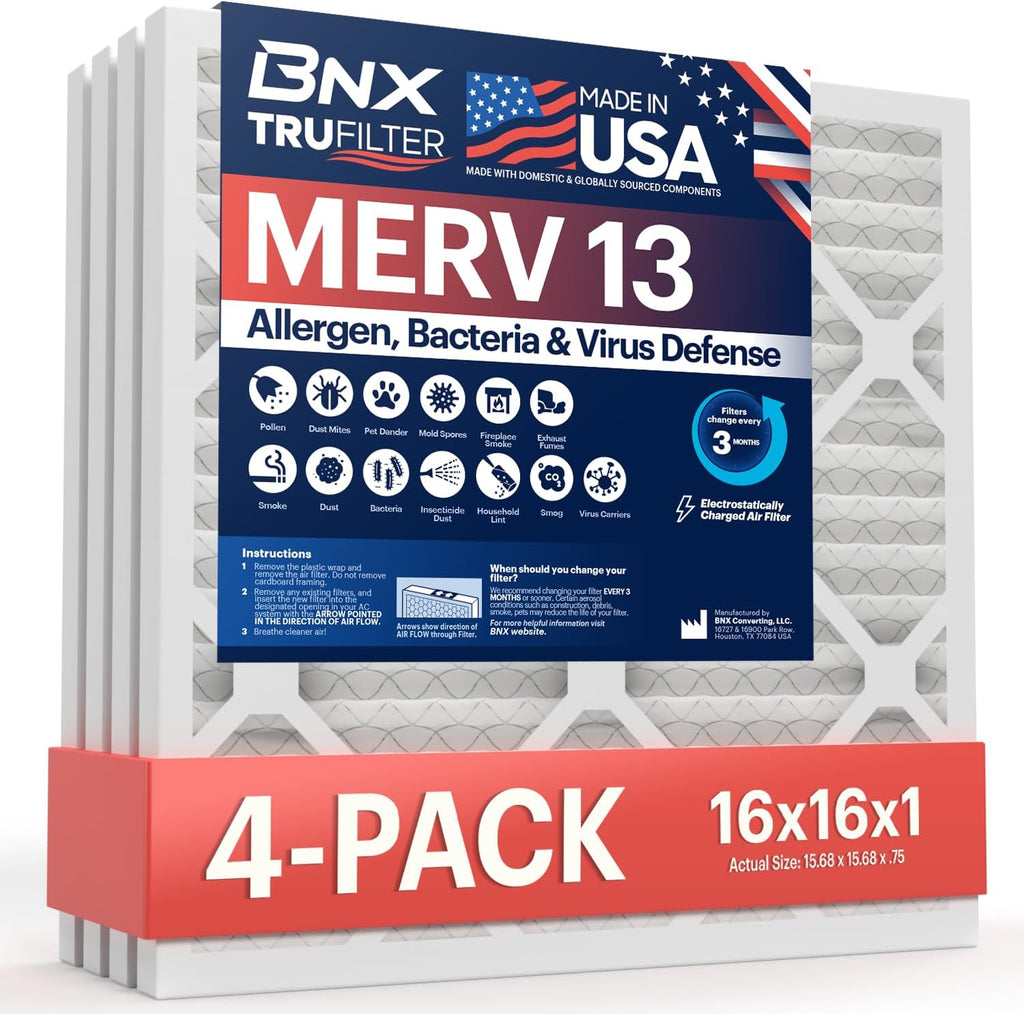 BNX TruFilter 16x16x1 Air Filter MERV 13 (4-Pack) - MADE IN USA - Electrostatic Pleated Air Conditioner HVAC AC Furnace Filters for Allergies, Pollen, Mold, Bacteria, Smoke, Allergen, MPR 1900 FPR 10