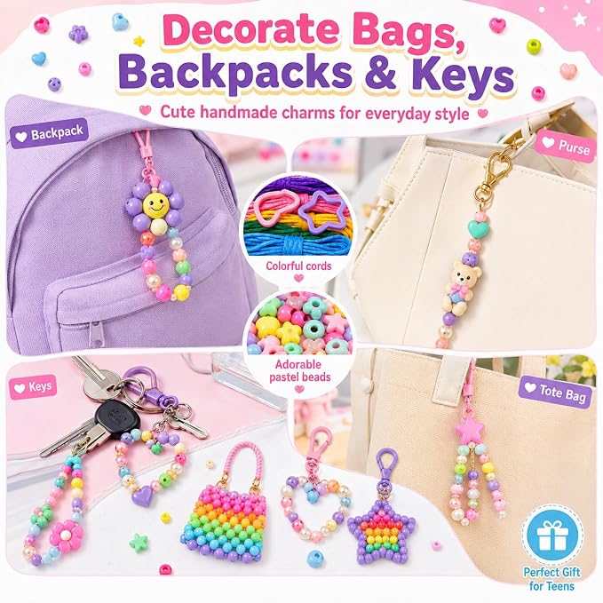 828Pcs DIY Beaded Keychain Making Kit, Bag Charm Making Kit | A-Z Alphabet Beads - Image 7