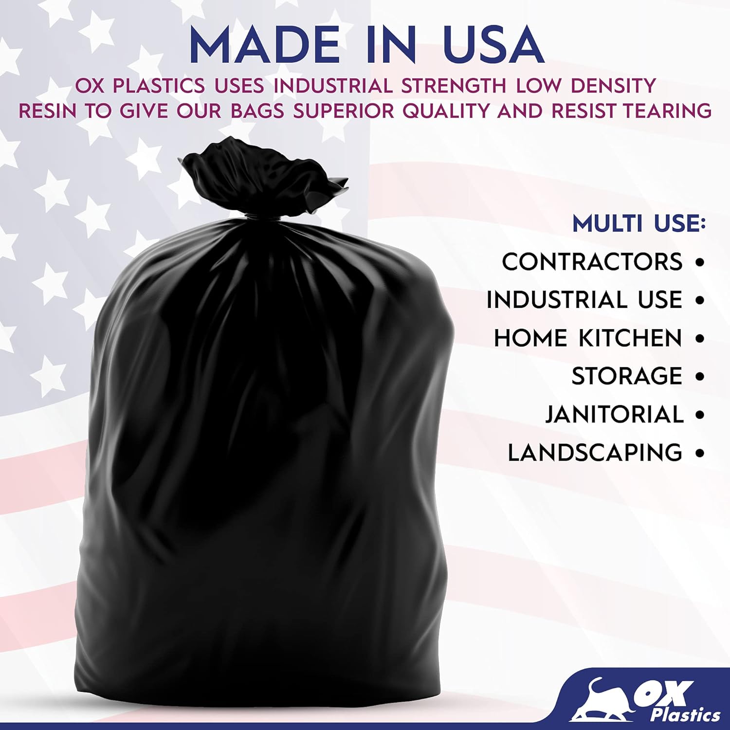 Ox Plastics Trash Can Liners Bags - 60 Gallon Capacity & 2mil Thick Extra Heavy Duty Strength - Large Garbage, Leak-Proof & Durable, House & Commercial Use Bags Black - 25 Count