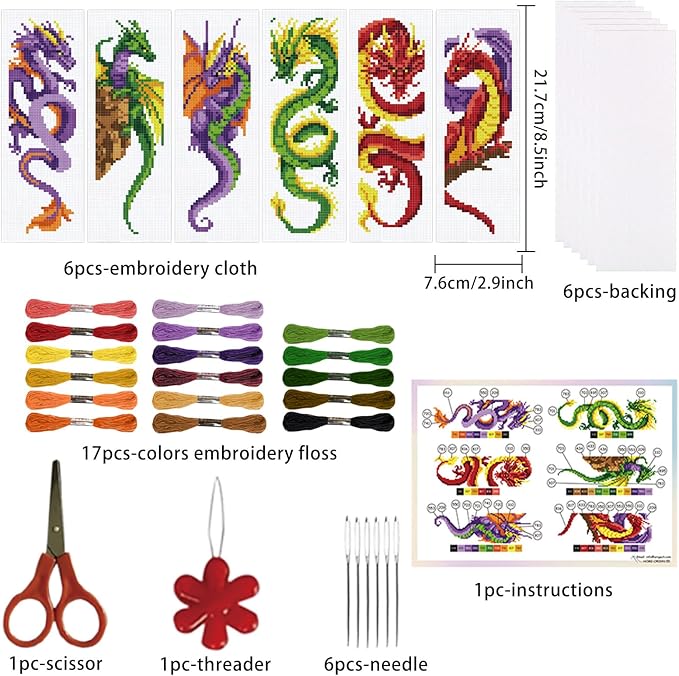 ORIGACH 6 Set Dragon and Loong Cross Stitch Bookmark Kit - Image 2