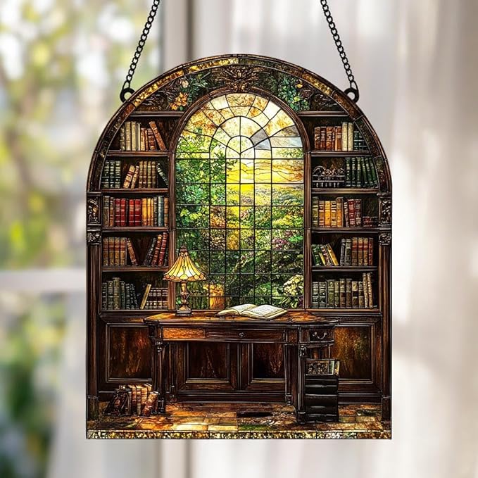 Bookshelf Acrylic Suncatcher Window Hanging Faux Stained Glass Bookish Decor by Unknown
