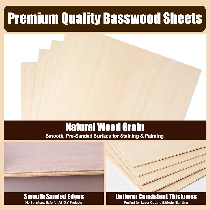 5Pack Balsa Wood Sheets Basswood Craft Plywood 12"x12"x1/16 | Smooth Wood Blanks - Image 6