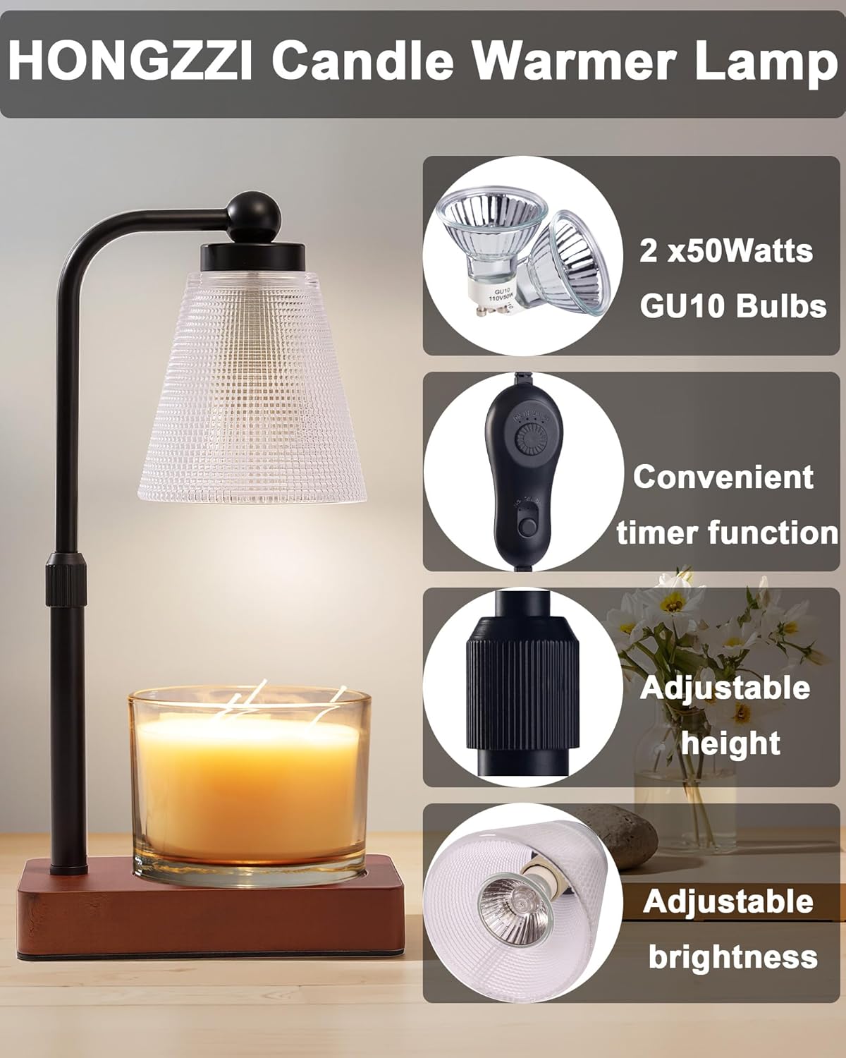 Candle Warmer Lamp - Electric Candle Warmer with Timer, Adjustable Height & Brightness, 2 Replacement Bulbs, 1-Year Warranty - Perfect for Jar Candles, Kitchen, Living Room, Bedroom (Clear)