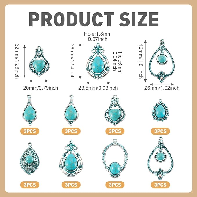 24Pcs Tibetan Style Turquoise Charms 8 Styles Heart Teardrop Oval Vintage - Image 4