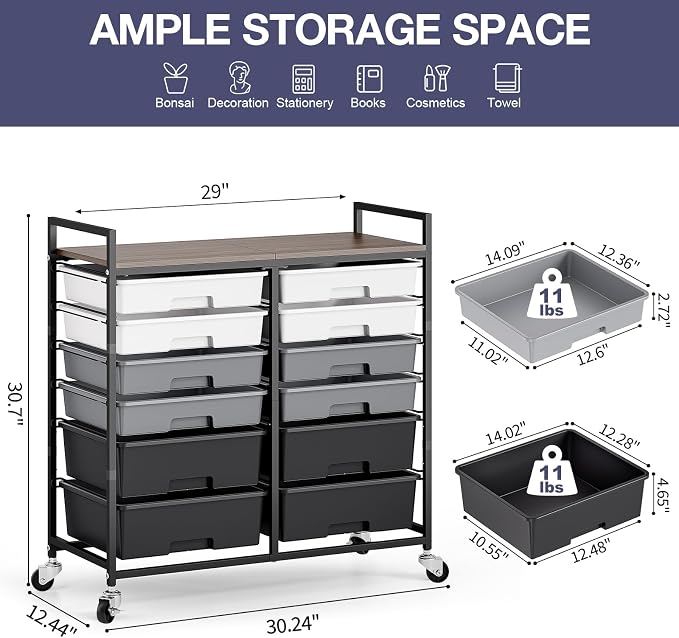 Rolling Storage Cart with 12 Drawers, Wooden Tabletop Utility Cart - Image 3