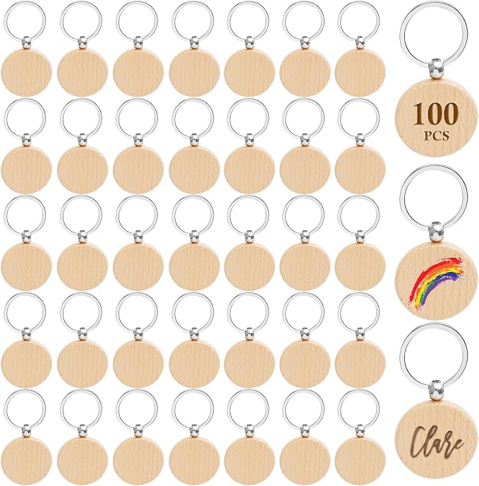 Blank Wooden Keychain Set 100 Pcs 1.5 Inch Round Key Tag | Engraving Blanks by Voittozege