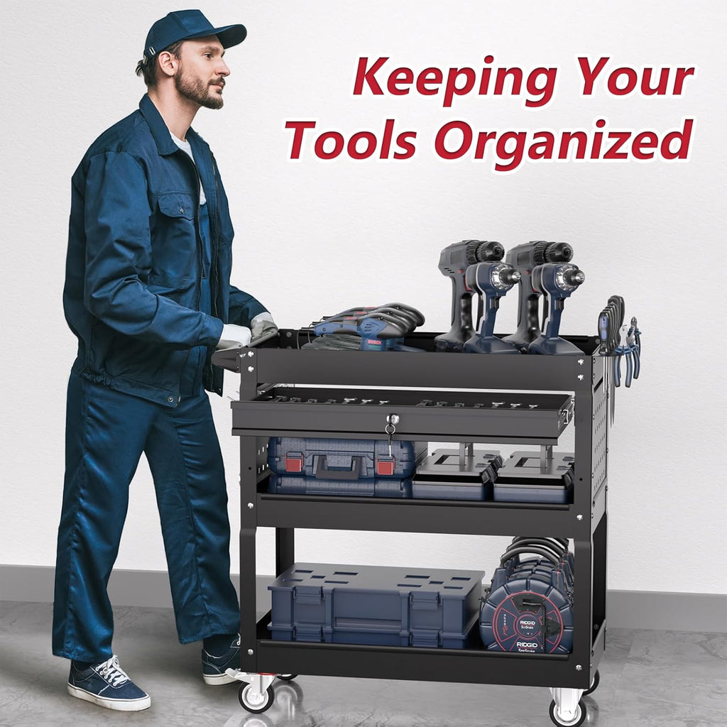 3 Tier Rolling Tool Cart on Wheels, Heavy Duty Service Cart Industrial Utility Cart with Drawer and Screwdriver Rack Pegboard, 550 LBS Mobile Tool Storage Organizer for Garage, Workshop(Black)