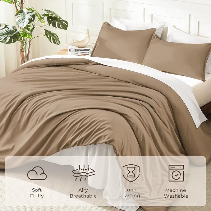 Litanika Taupe Comforter Set Full Size, 3 Pieces Solid Bedding Comforter Set - Image 3