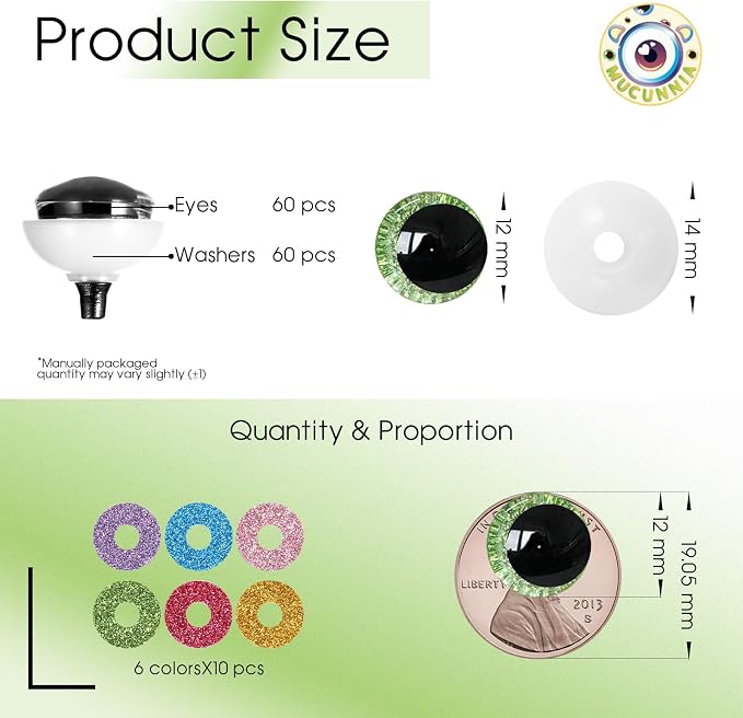 MUCUNNIA 120pcs 12mm 3D Glitter Safety Eyes - Image 2