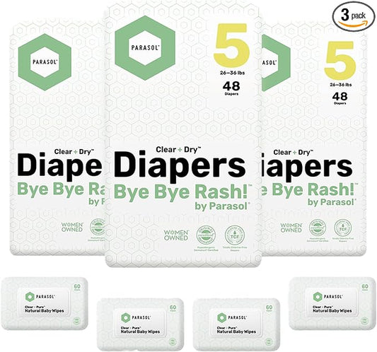 Parasol Clear+Dry Disposable Diapers and Clear+Pure Wipes Kit, RashShield Protection, Size 5 (26-36 lbs), Diaper Bundle of 144 Diapers & 240 Wipes