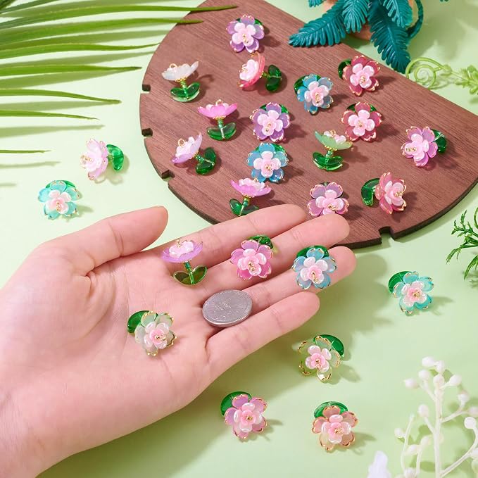 FASHEWELRY 30Pcs Transparent Acrylic Glass Flower Charms 20mm Colorful Floral - Image 7