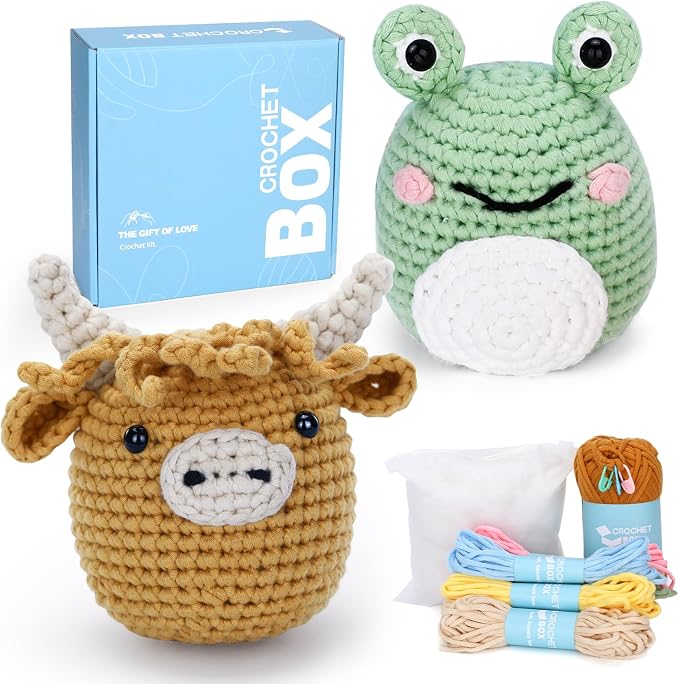CrochetBox Crochet Kit for Beginner, Highland Cow and Frog Learn How to Crochet by CROCHETBOX