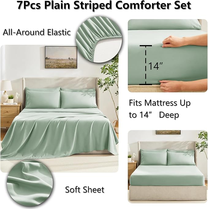 CozyLux King Size Comforter Set Sage Green, 7 Pieces Bed in a Bag, All Season - Image 5