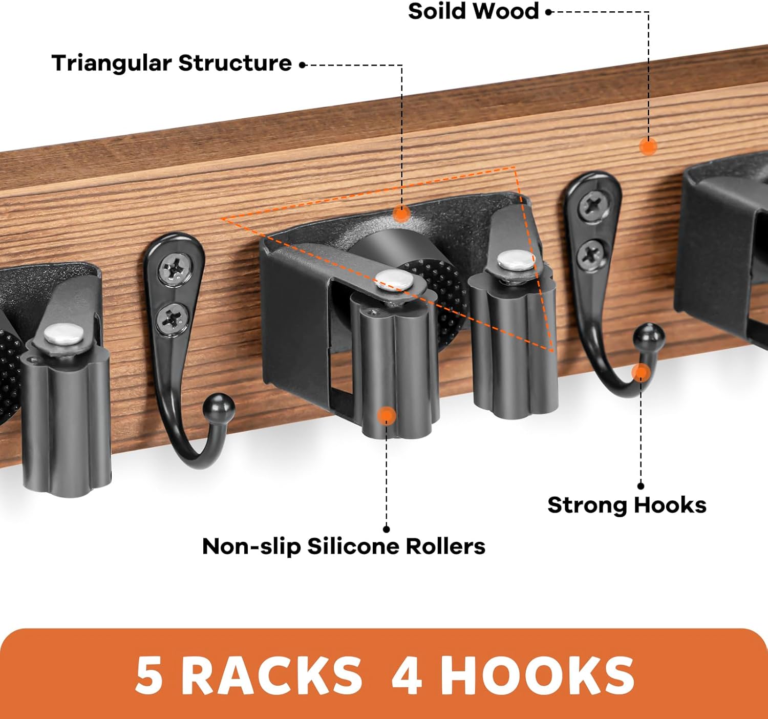 IMILLET Broom Holder Wall Mount, Rustic Wood Broom Hanger with 5 Racks and 4 Hooks, Laundry Room Organization and Storage, Mop Holder for Home Decor, Garden, Garage, Kitchen, Closet