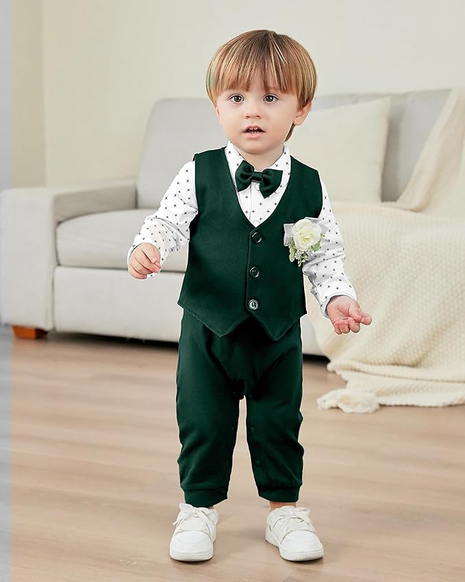 Baby Boy Clothes Gentleman Baby Suit Long Sleeve Romper+Vest+Bow Tie+Corsage 4Pcs Boys Formal Jumpsuit