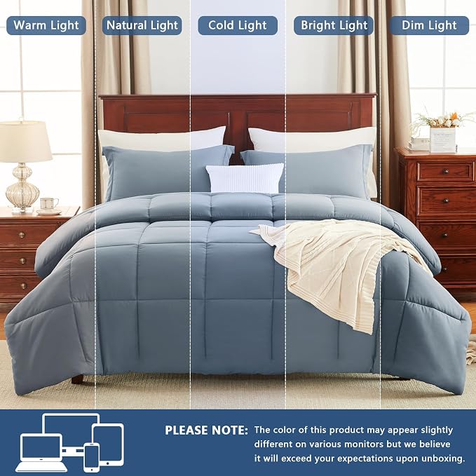 CozyLux Oversized King Comforter Set, 3 Pieces Grayish Blue 120x98 Box Stitched - Image 5