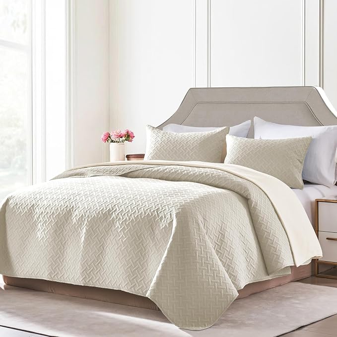 FLYMME Twin Quilt Set, Lightweight Cream Bedspreads, Basket Weave Pattern - Image 2