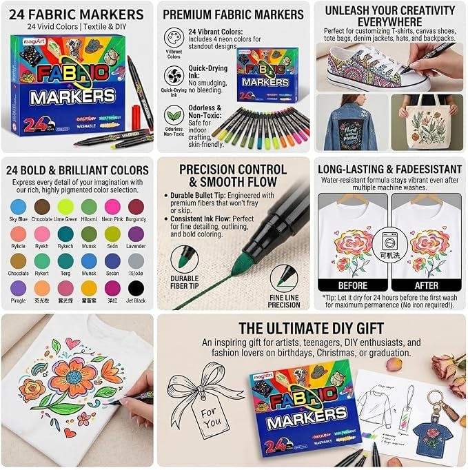 24 Colors Fabric Markers Permanent – Waterproof Non-Bleeding Fabric Pen Set - Image 2