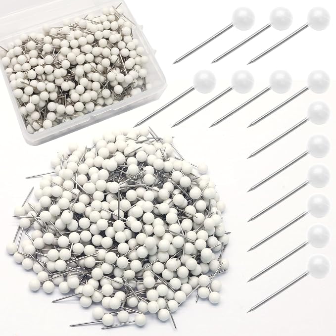 White Map Pins, 1/8 Inch, Round Ball Head | Map Tacks, Push Pins by Auvotuis