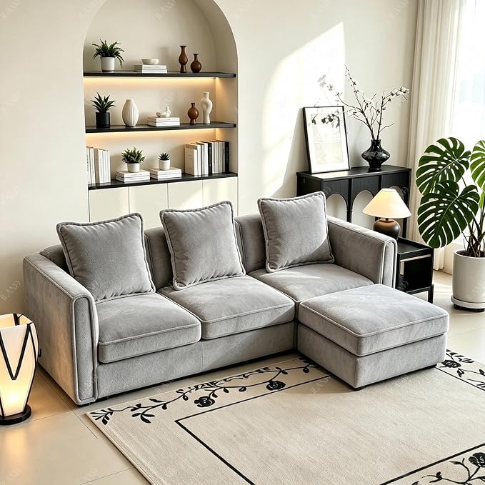 iLAND Dollhouse Furniture Sectional Dollhouse Couch Set Light Grey Velvet Sofa - Image 3