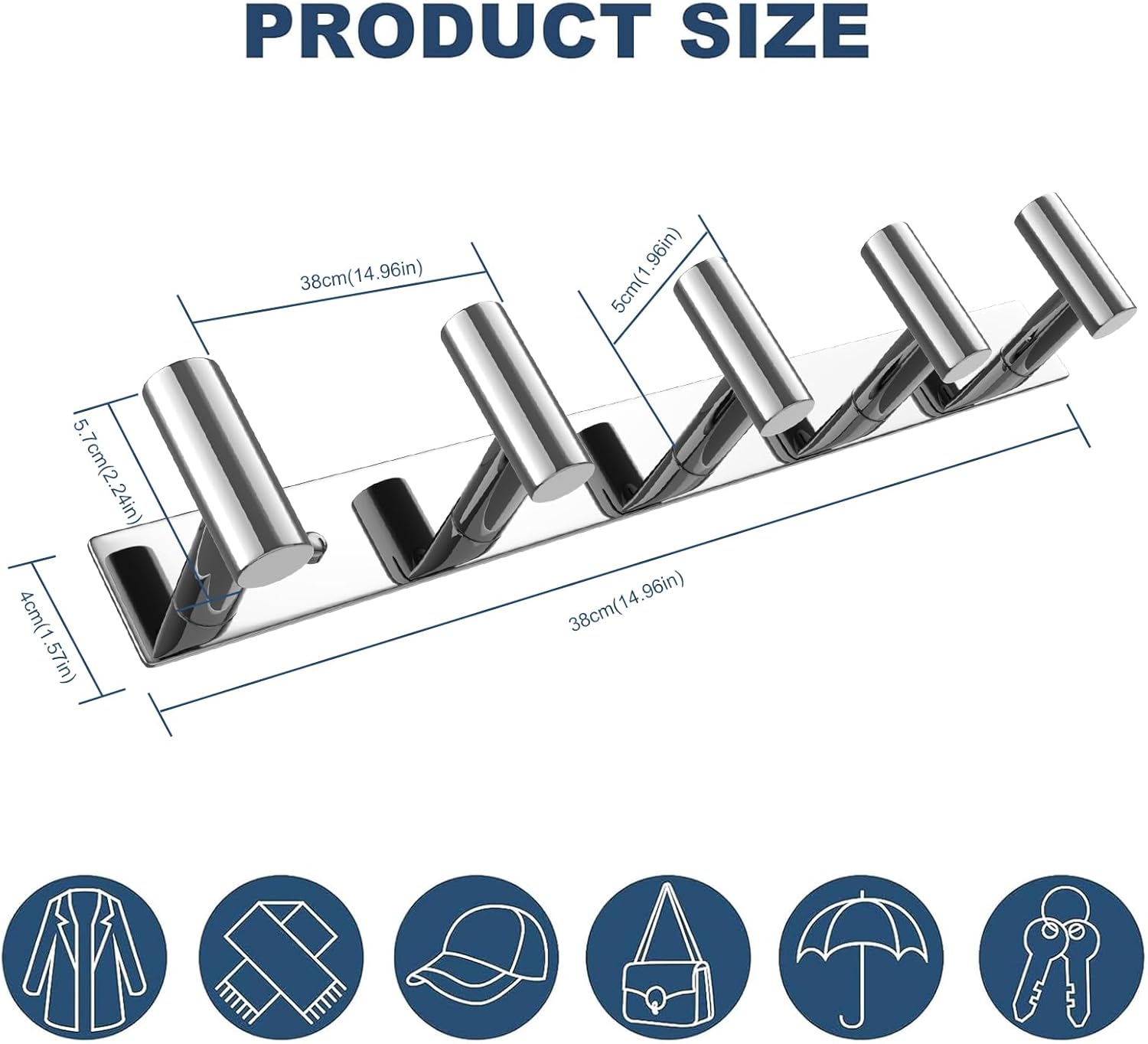 VAEHOLD Hat and Coat Wall Mount Rack - Hooks for Robes, Bags, Keys, and Towels - Bathroom Towel Hanger Organizer (Polished Chrome, “T“ Shape 5 Hooks 1 Pack)