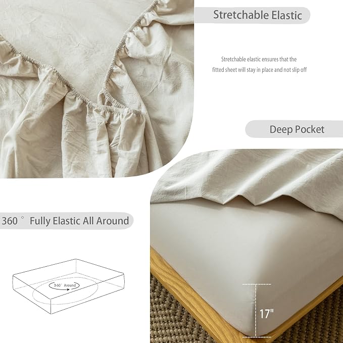MooMee Fitted Bottom Sheet Only 100% Washed Cotton Linen Like Textured - Image 6